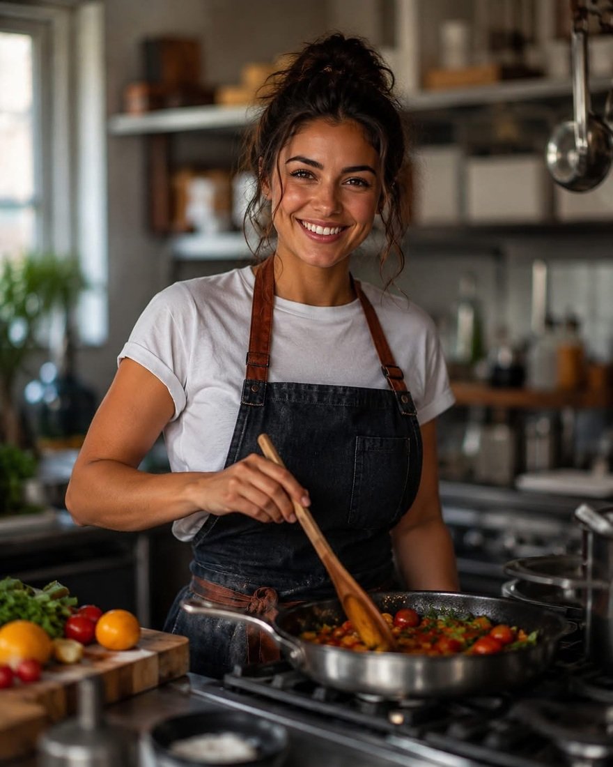 A smiling cook in a warm kitchen
